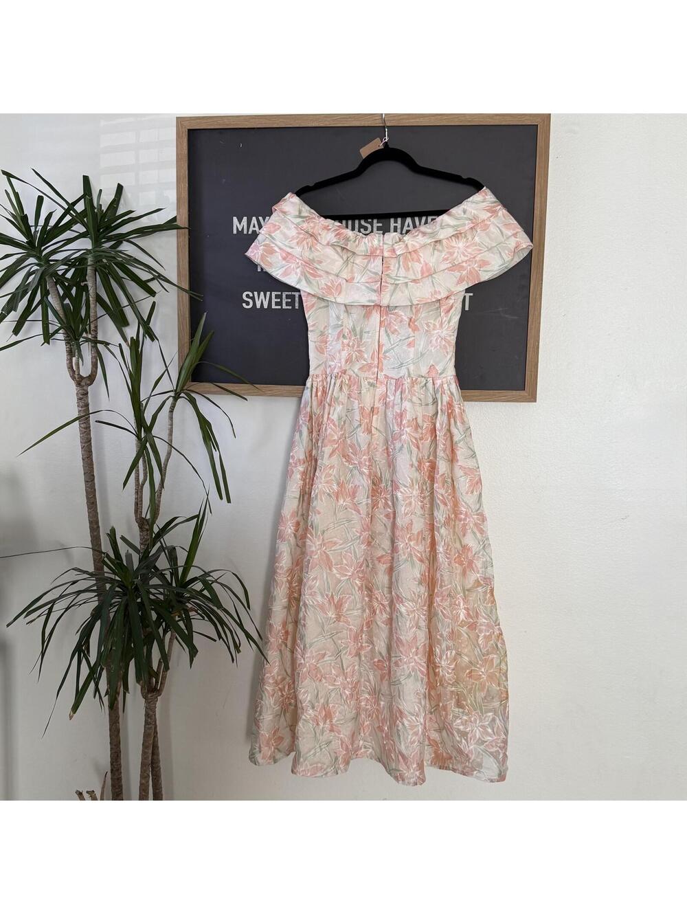 Blush Pink Floral Chiffon Midi Dress Off Shoulder Coquette 80s S Vintage - Picture 2 of 7